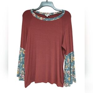 EUC Luxe Maroon Floral Bell Sleeve Top Size L